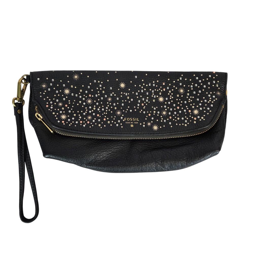 Fossil Preston Black Pebble Leather Clutch Metallic Stud Stars Foldover Wristlet